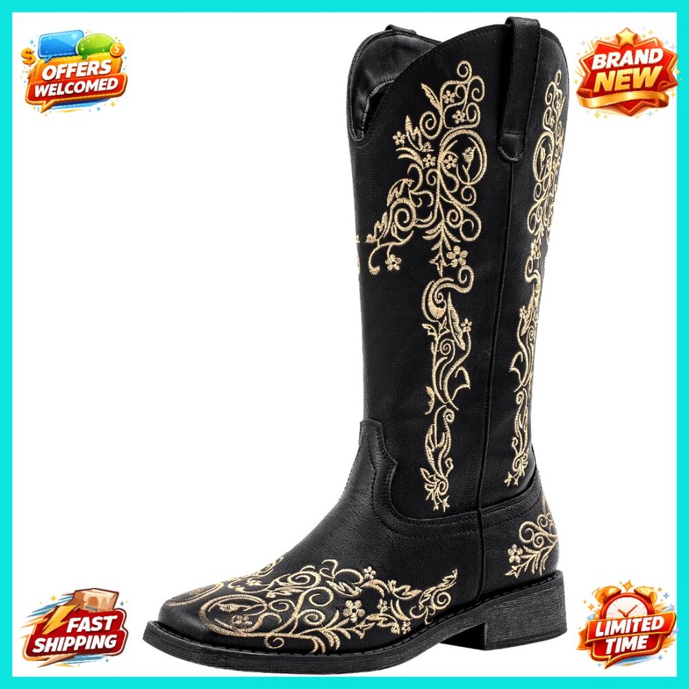 Floral Embroidered Cowboy Boots Square Toe Western Wide Calf Mid-Calf